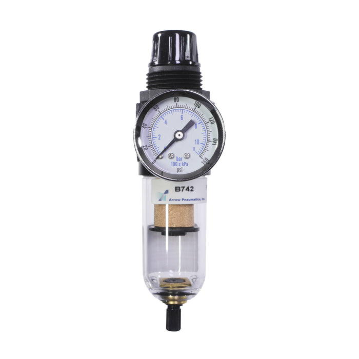 1/4" Mini Filter/Regulator – 20 SCFM, 20 Micron, Poly Bowl with Manual Drain, Gauge Included, 150 PSI Max