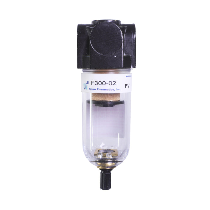 1/4" Mini Particulate Water Removing Filter – 20 Micron Sintered Bronze Element, 1 oz Poly Bowl, Manual Drain, 27 SCFM, 150 PSI Max