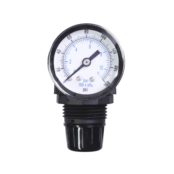 1/4" Mini Air Regulator with Gauge – Lightweight Nylon Body, 3-Position Locking Knob, 25 SCFM, 250 PSI Max, 5–125 PSI Range