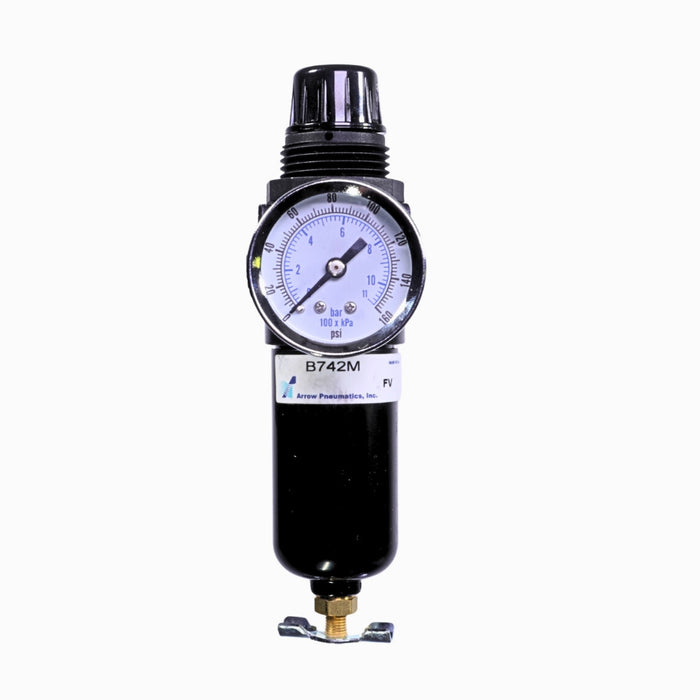 1/4" Mini Filter/Regulator – 20 SCFM, 20 Micron, Metal Bowl with Manual Drain, Gauge Included, 150 PSI Max