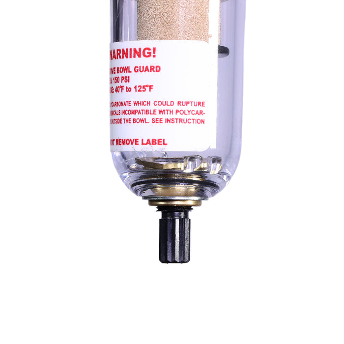 1/4" Mini Filter/Regulator – 20 SCFM, 20 Micron, Poly Bowl with Manual Drain, Gauge Included, 150 PSI Max