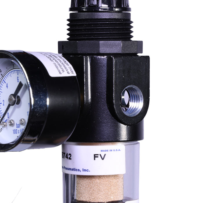 1/4" Mini Filter/Regulator – 20 SCFM, 20 Micron, Poly Bowl with Manual Drain, Gauge Included, 150 PSI Max
