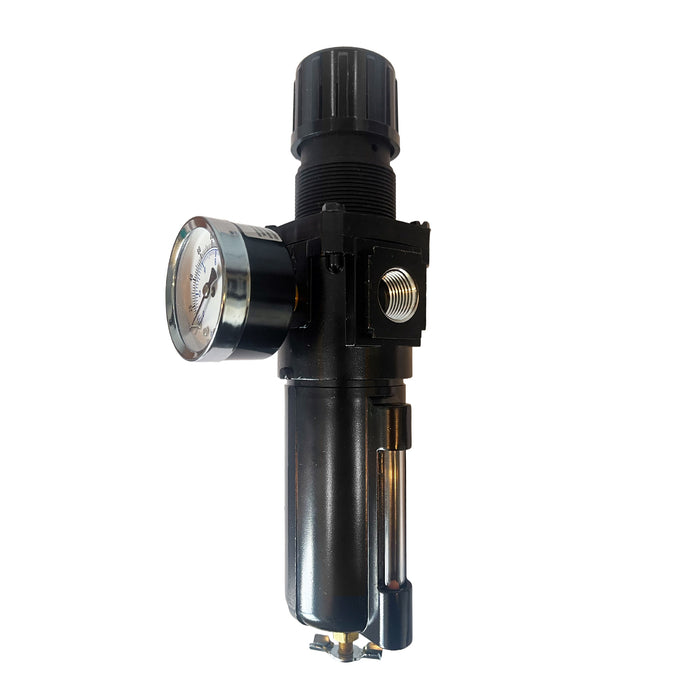 1/2" Filter/Regulator – 40 Micron Sintered Bronze Element, 6 oz Metal Bowl with Sight Glass, Manual Drain, 100 SCFM, 200 PSI Max