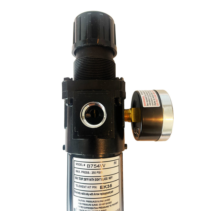 1/2" Filter/Regulator – 40 Micron Sintered Bronze Element, 6 oz Metal Bowl with Sight Glass, Manual Drain, 100 SCFM, 200 PSI Max