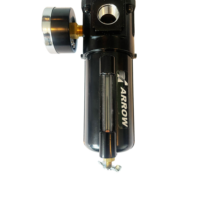 1/2" Filter/Regulator – 40 Micron Sintered Bronze Element, 6 oz Metal Bowl with Sight Glass, Manual Drain, 100 SCFM, 200 PSI Max