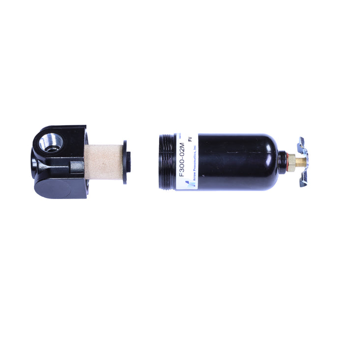 1/4" Mini Particulate Water Removing Filter – 20 Micron Sintered Bronze Element, 1 oz Metal Bowl, Manual Drain, 27 SCFM, 250 PSI Max