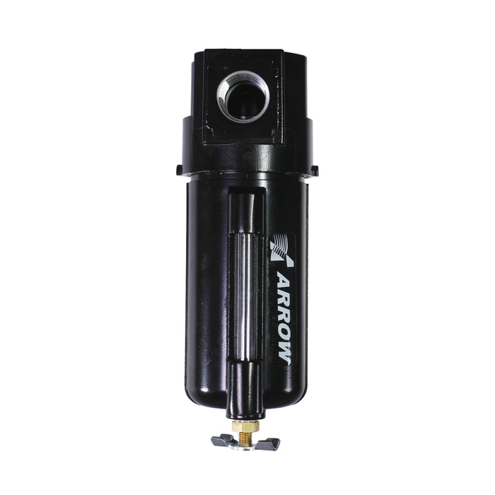 1/2" Standard Particulate Water Removing Filter – 40 Micron Sintered Bronze Element, 6 oz Metal Bowl with Sight Glass, Manual Drain, 100 SCFM, 250 PSI Max