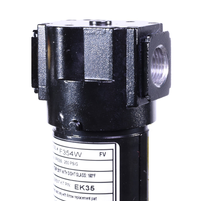 1/2" Standard Particulate Water Removing Filter – 40 Micron Sintered Bronze Element, 6 oz Metal Bowl with Sight Glass, Auto Drain, 100 SCFM, 175 PSI Max