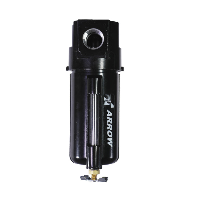 1/2" Standard Particulate Water Removing Filter – 40 Micron Sintered Bronze Element, 6 oz Metal Bowl with Sight Glass, Auto Drain, 100 SCFM, 175 PSI Max