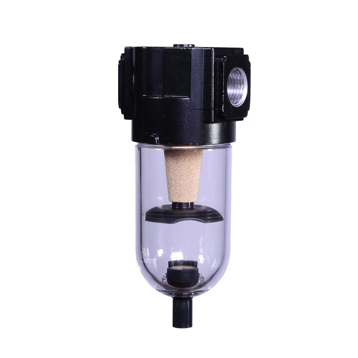 1/2" Standard Particulate Water Removing Filter – 40 Micron Sintered Bronze Element, 5 oz Poly Bowl with Metal Guard, Manual Drain, 100 SCFM, 150 PSI Max