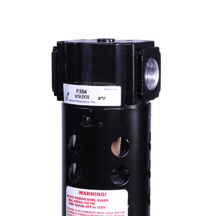 1/2" Standard Particulate Water Removing Filter – 40 Micron Sintered Bronze Element, 5 oz Poly Bowl with Metal Guard, Manual Drain, 100 SCFM, 150 PSI Max