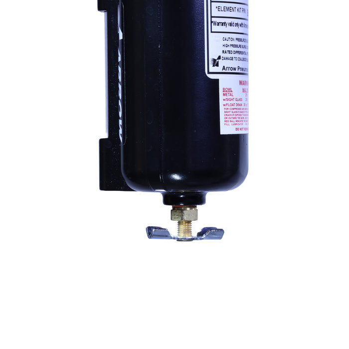 1/2" Standard Coalescing Filter – 0.03 Micron Element, 6 oz Metal Bowl with Sight Glass, Manual Drain, 37 SCFM, 250 PSI Max