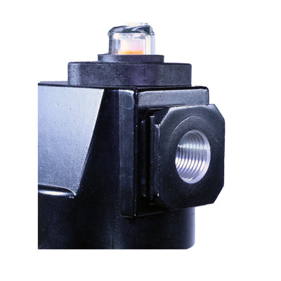 1/2" Midflow Coalescing oil removing compressed air filter, .03 micron element, 10 oz metal bowl with sight indicator, 55 scfm, 250 psi max pressure, manual drain