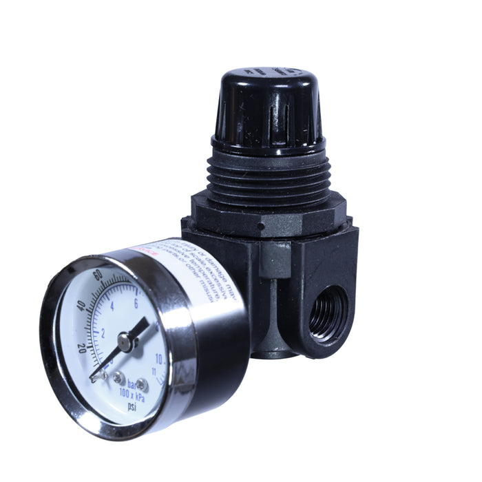 1/4" Mini Air Regulator with Gauge – Lightweight Nylon Body, 3-Position Locking Knob, 25 SCFM, 250 PSI Max, 5–125 PSI Range